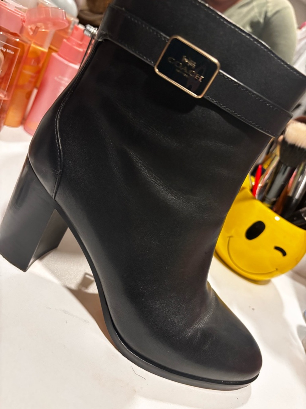 Coach Black Leather Block Heel Ankle Boot with Gold Logo Accent